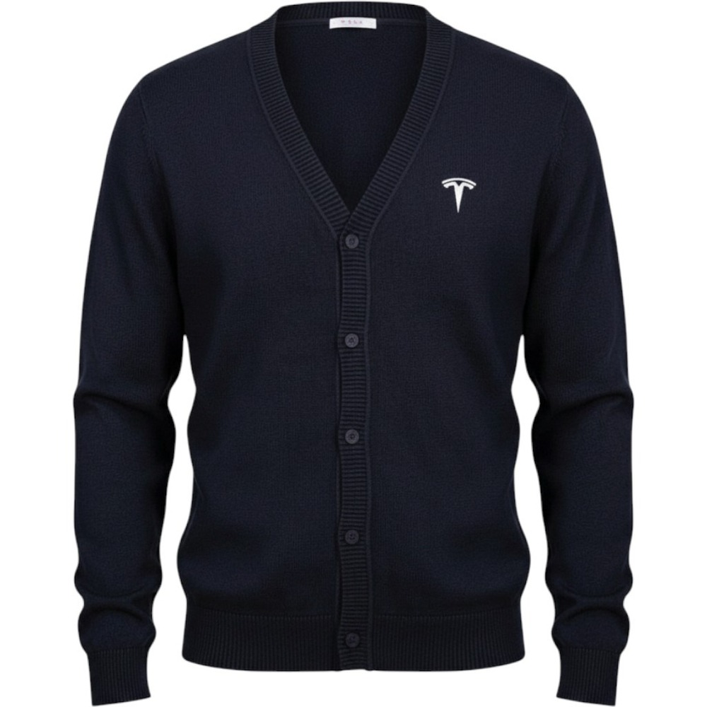 Tesla Motors Employee Navy Blue V-Neck Button Front Knit‎ Cardigan Sweater Logo